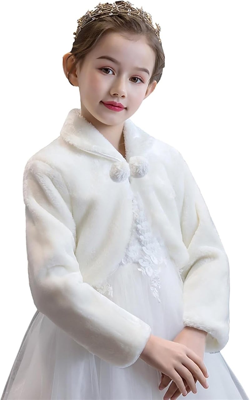 Momooda Girl's Faux Fur Long Sleeve Flower Girls Bolero Shrug Cape Jackets for Wedding - Image 3